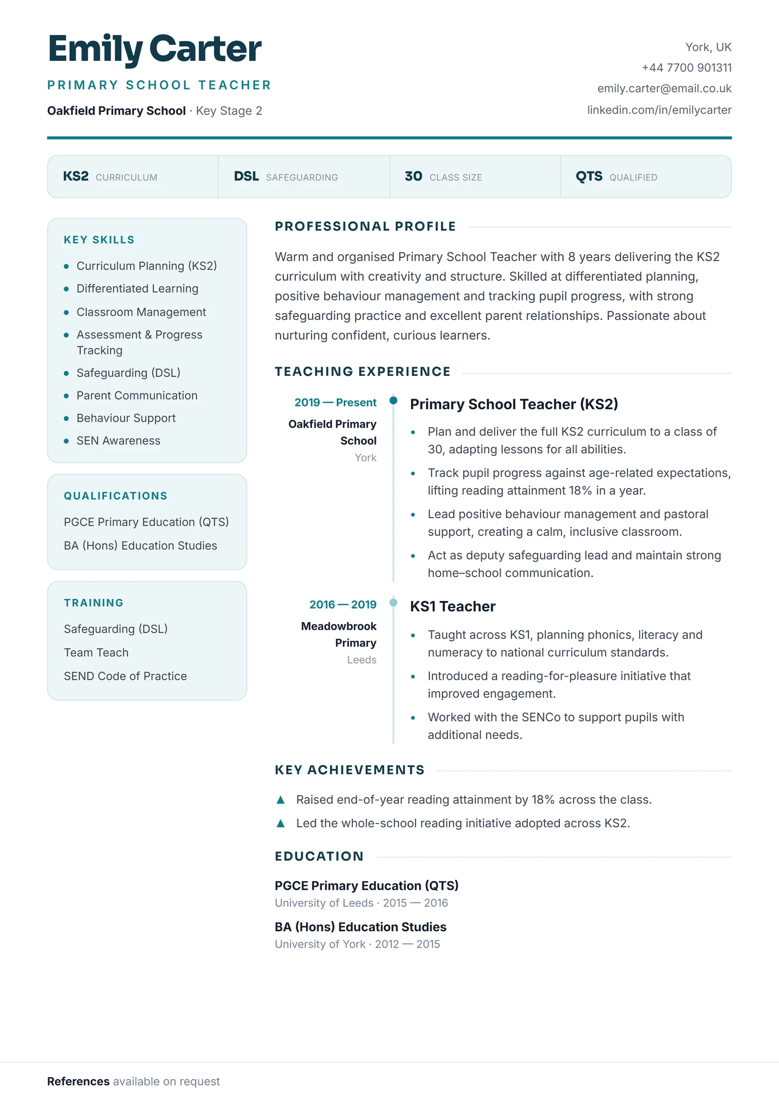 Primary School Teacher CV résumé template preview