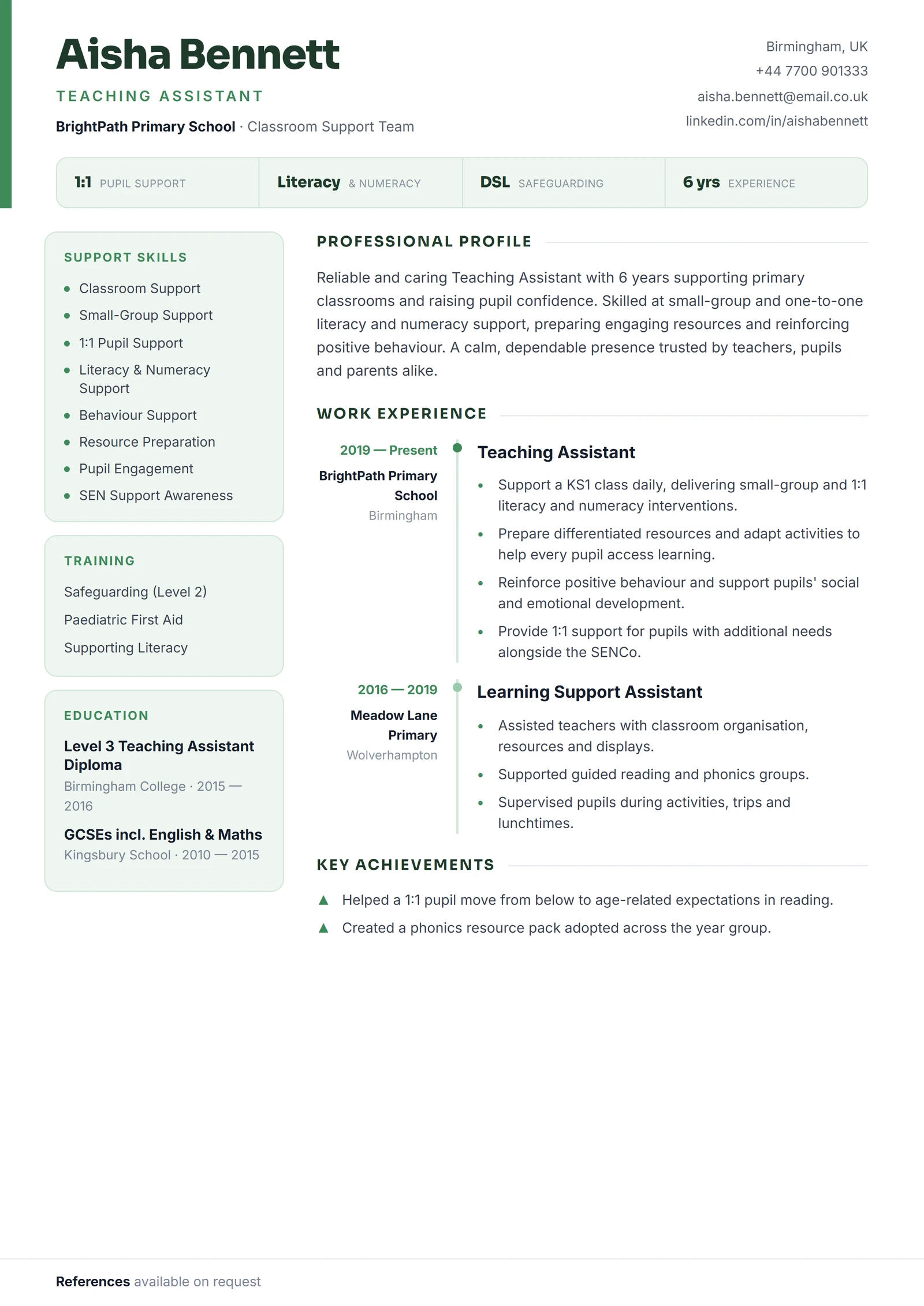 Teaching Assistant CV résumé template preview
