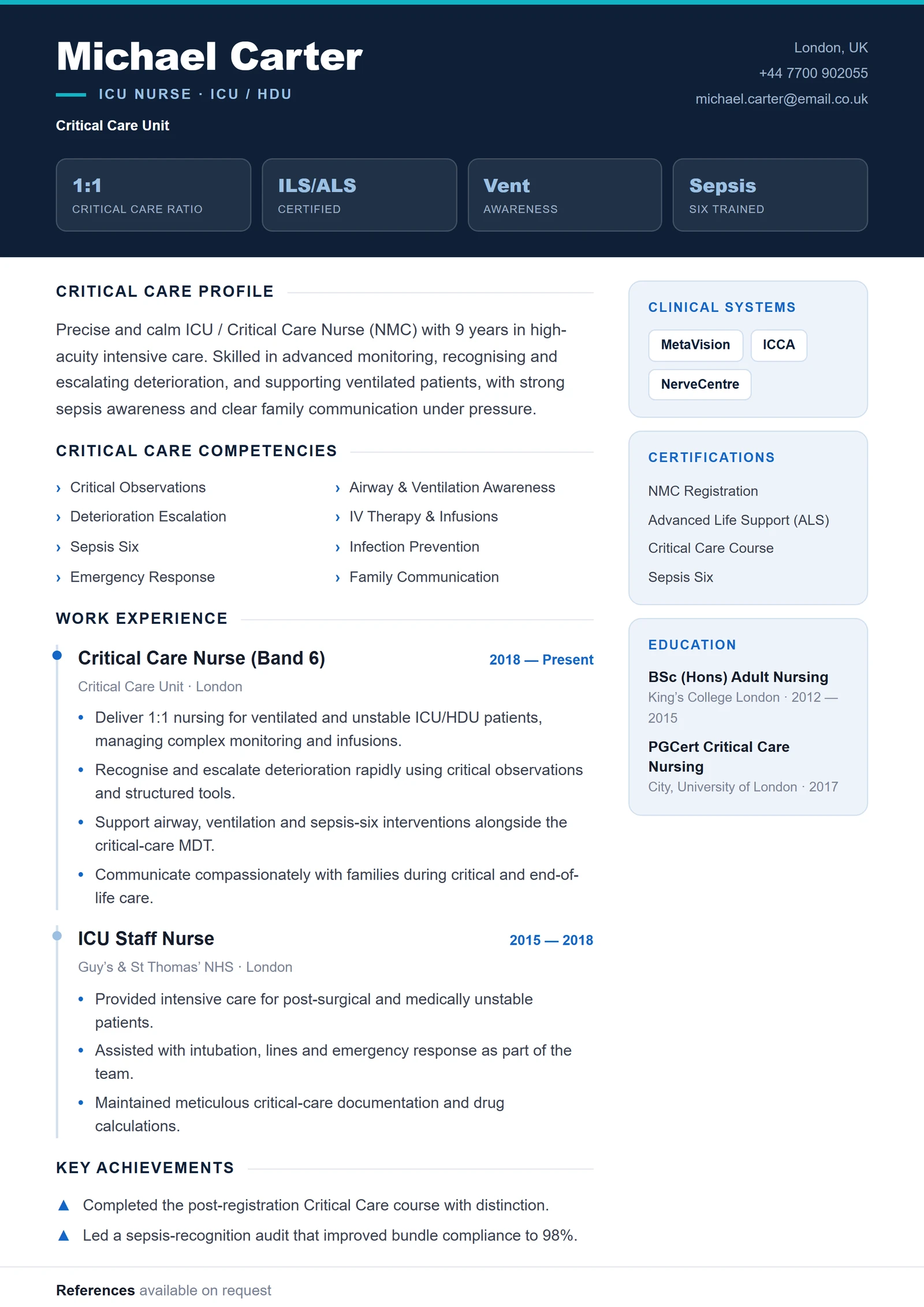 ICU / Critical Care Nurse CV résumé template preview