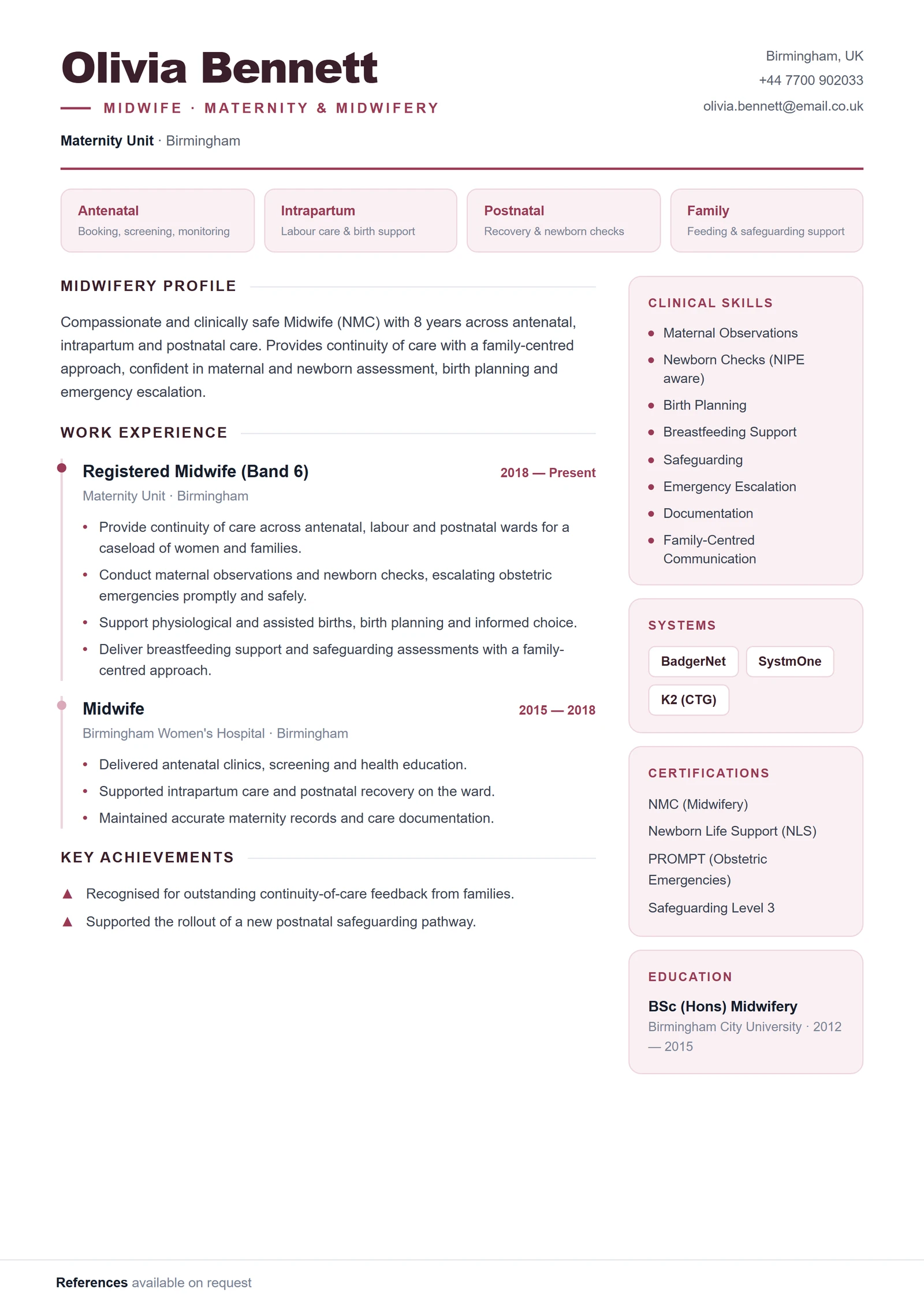 Midwife CV résumé template preview