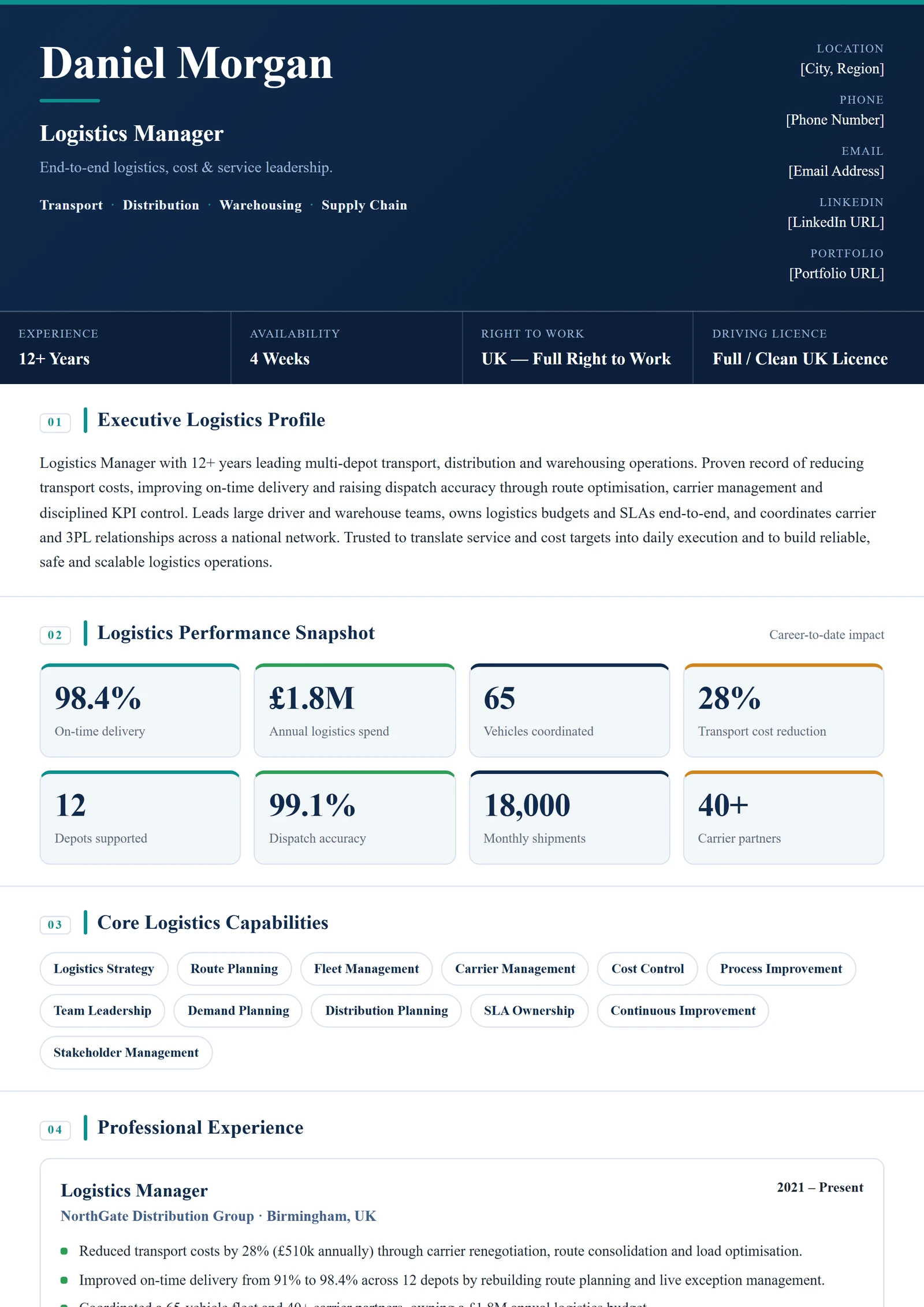 Logistics Manager CV V1 résumé template preview