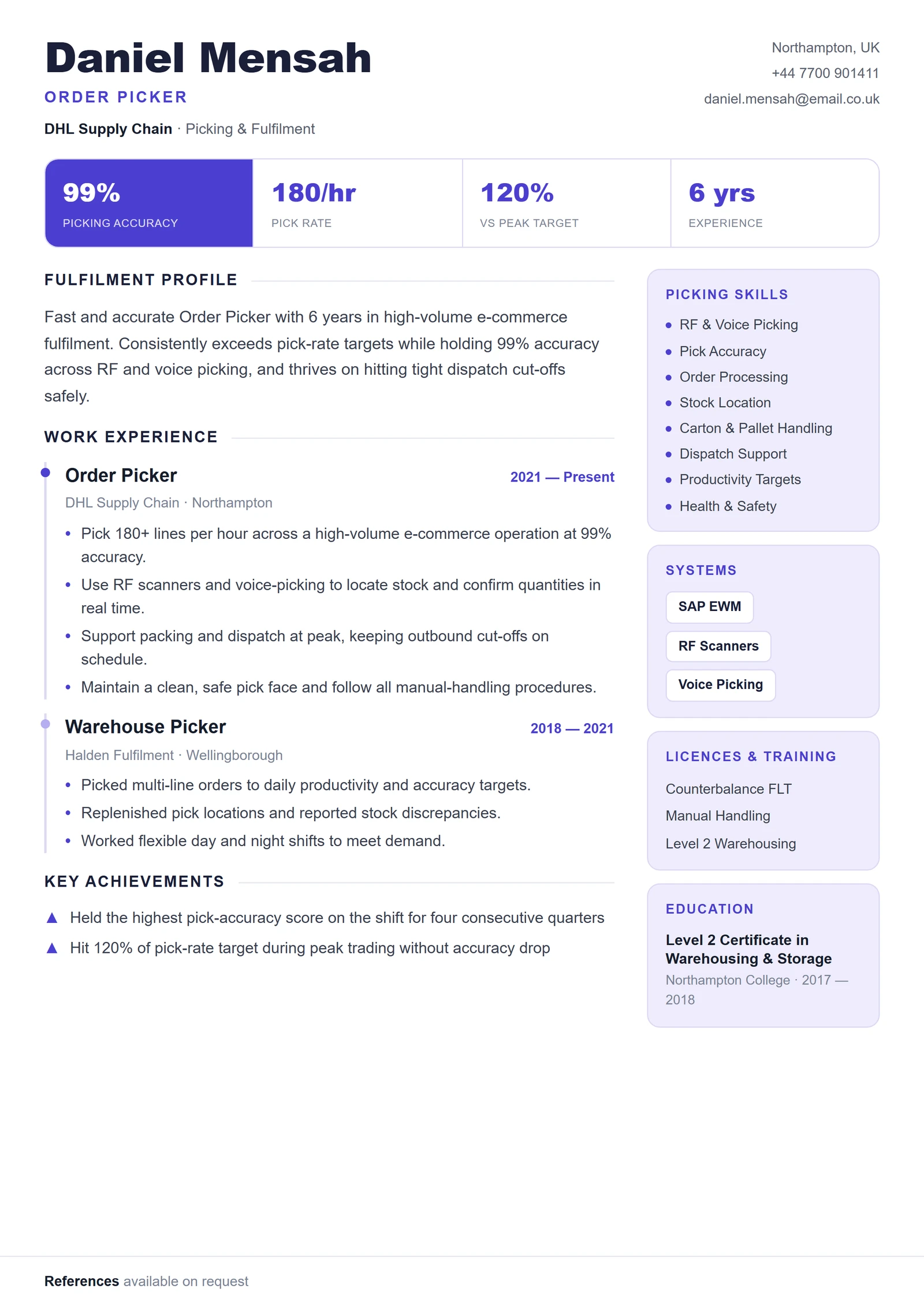 Order Picker CV V1 résumé template preview
