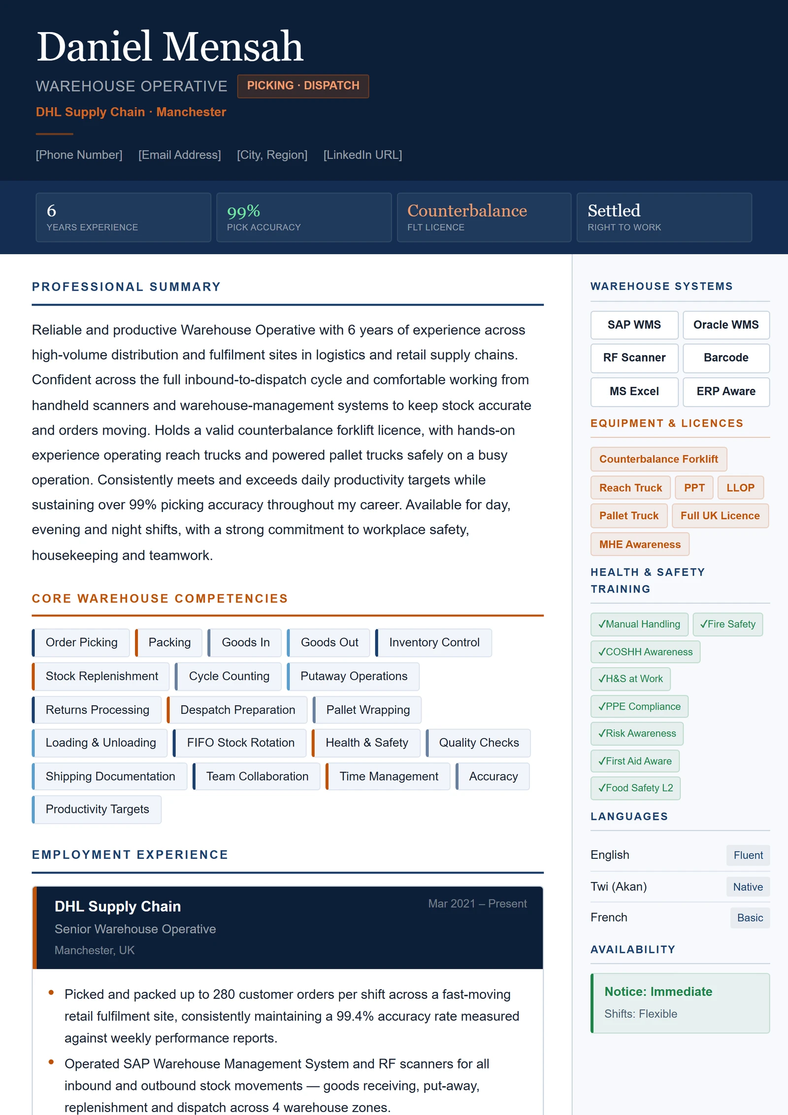 Warehouse Operative CV V1 résumé template preview
