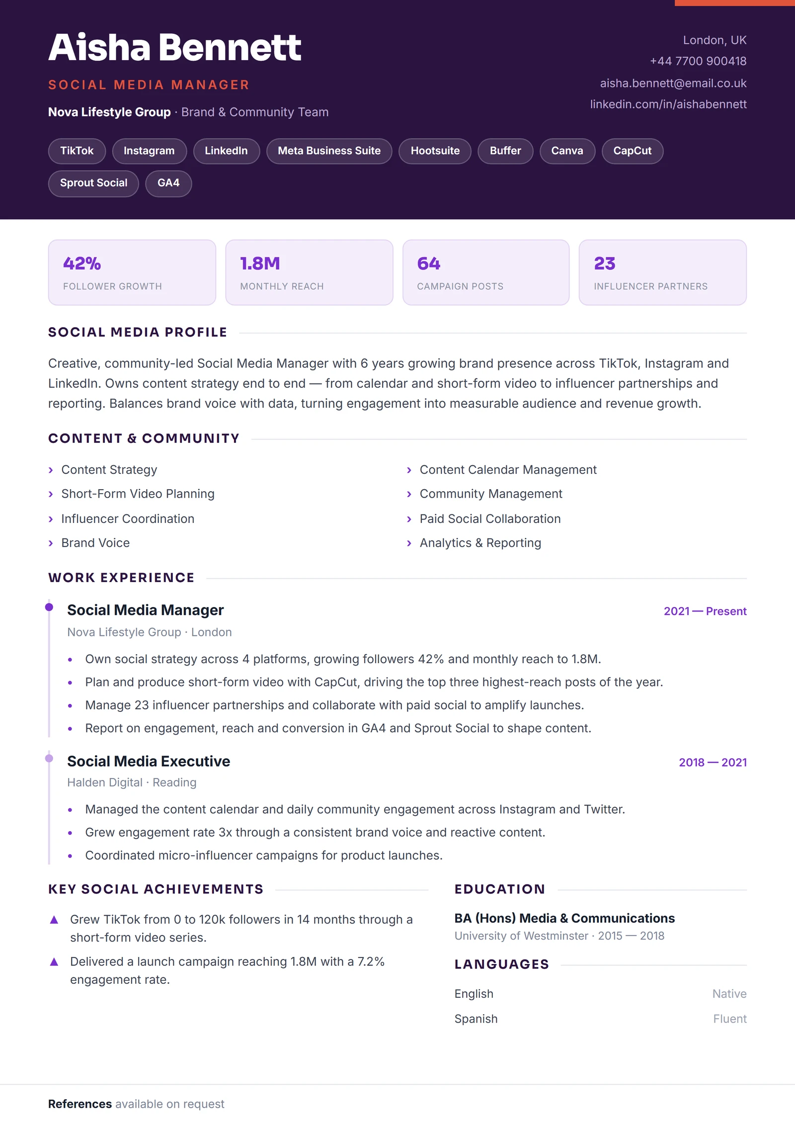 Social Media Manager CV résumé template preview